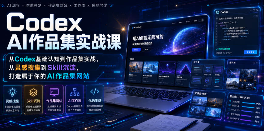 Codex AI作品集实战课，从Codex基础认知到作品集实战，从灵感搜集到Skill沉淀，打造属于你的AI作品集网站网络赚钱,项目资源网,副业资源网,兼职项目,网赚课程-副业赚钱-互联网创业-独家轻创IP大圣网创
