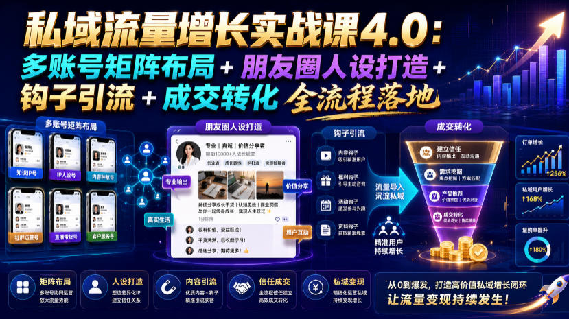私域流量增长实战课4.0：多账号矩阵布局+朋友圈人设打造+钩子引流+成交转化全流程落地网络赚钱,项目资源网,副业资源网,兼职项目,网赚课程-副业赚钱-互联网创业-独家轻创IP大圣网创