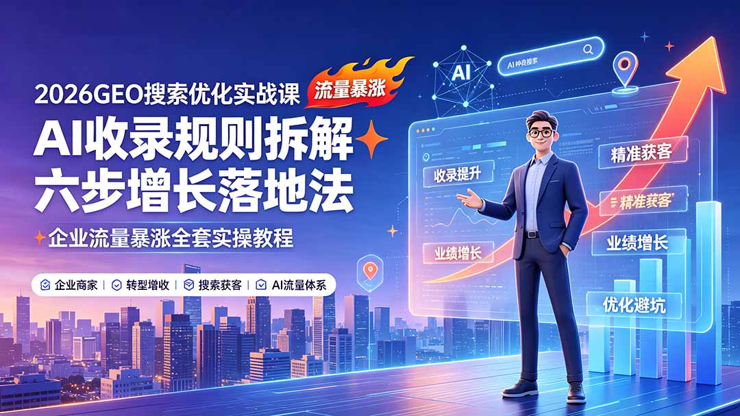 2026GEO搜索优化实战课：AI收录规则拆解｜六步增长落地法｜企业流量暴涨全套实操教程网络赚钱,项目资源网,副业资源网,兼职项目,网赚课程-副业赚钱-互联网创业-独家轻创IP大圣网创