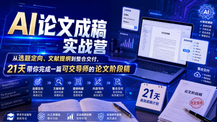AI论文成稿实战营，从选题定向、文献提纲到整合交付，21天带你完成一篇可交导师的论文阶段稿网络赚钱,项目资源网,副业资源网,兼职项目,网赚课程-副业赚钱-互联网创业-独家轻创IP大圣网创
