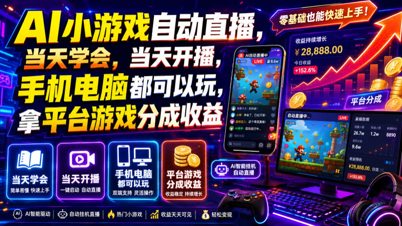 AI小游戏自动直播，当天学会，当天开播，手机电脑都可以玩，拿平台游戏分成收益网络赚钱,项目资源网,副业资源网,兼职项目,网赚课程-副业赚钱-互联网创业-独家轻创IP大圣网创
