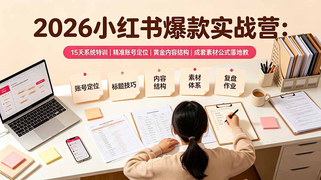 2026小红书爆款实战营：15天系统特训｜精准账号定位｜黄金内容结构｜成套素材公式落地教程网络赚钱,项目资源网,副业资源网,兼职项目,网赚课程-副业赚钱-互联网创业-独家轻创IP大圣网创