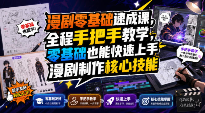 漫剧零基础速成课，全程手把手教学，零基础也能快速上手漫剧制作核心技能网络赚钱,项目资源网,副业资源网,兼职项目,网赚课程-副业赚钱-互联网创业-独家轻创IP大圣网创