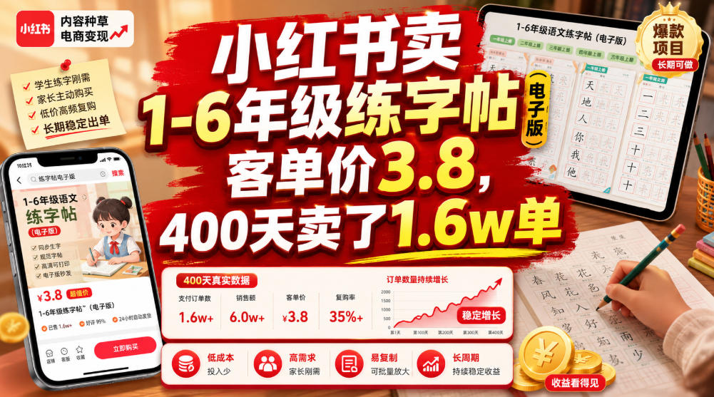 小红书卖1-6年级练字帖(电子版)，客单价3.8，400天卖了1.6w单网络赚钱,项目资源网,副业资源网,兼职项目,网赚课程-副业赚钱-互联网创业-独家轻创IP大圣网创