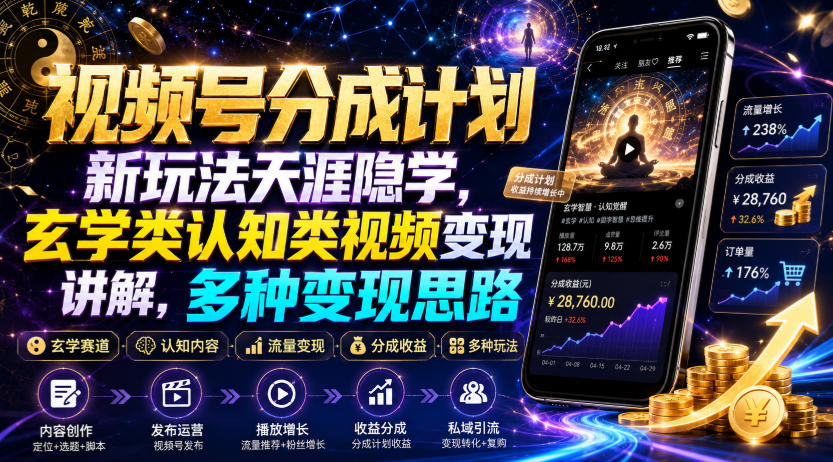 视频号分成计划新玩法天涯隐学，玄学类认知类视频变现讲解，多种变现思路网络赚钱,项目资源网,副业资源网,兼职项目,网赚课程-副业赚钱-互联网创业-独家轻创IP大圣网创