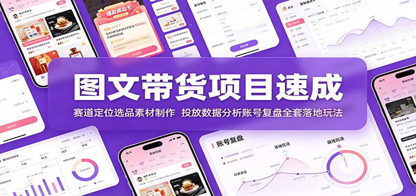 图文带货项目速成：赛道定位选品素材制作，投放数据分析账号复盘全套落地玩法网络赚钱,项目资源网,副业资源网,兼职项目,网赚课程-副业赚钱-互联网创业-独家轻创IP大圣网创
