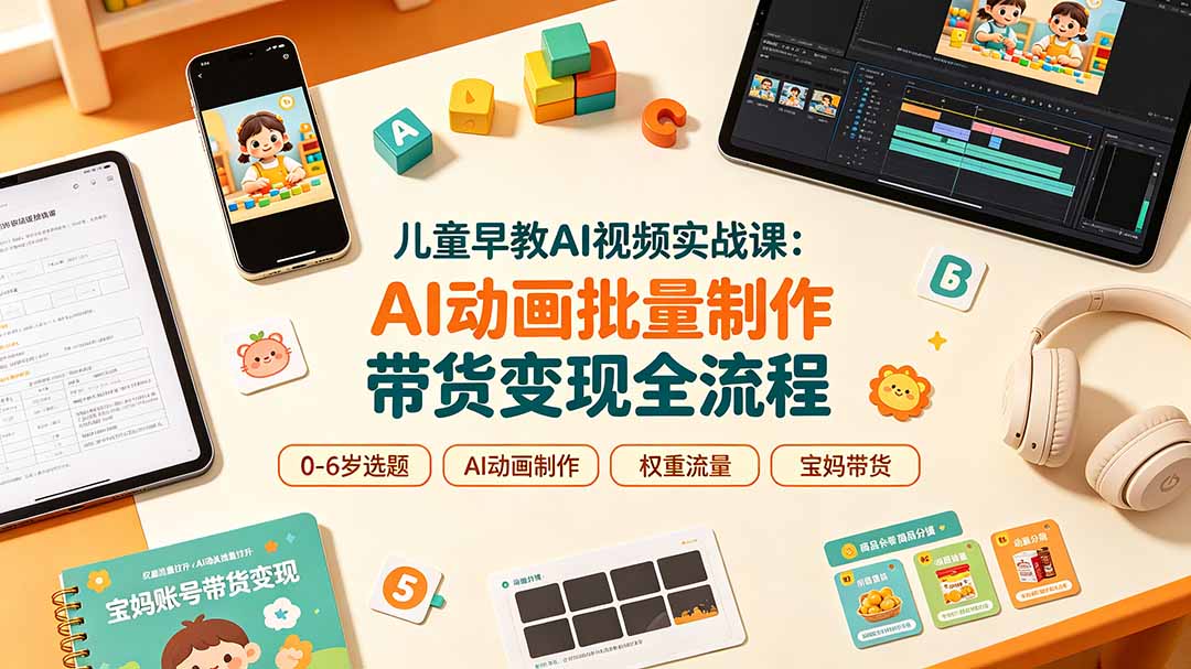 儿童早教AI视频实战课：0-6岁认知选题｜AI动画批量制作｜权重流量拉升｜宝妈账号带货变现全流程网络赚钱,项目资源网,副业资源网,兼职项目,网赚课程-副业赚钱-互联网创业-独家轻创IP大圣网创