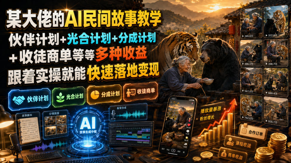 某大佬的AI民间故事教学，伙伴计划+光合计划+分成计划+收徒商单等多种收益，跟着实操就能快速落地变现网络赚钱,项目资源网,副业资源网,兼职项目,网赚课程-副业赚钱-互联网创业-独家轻创IP大圣网创