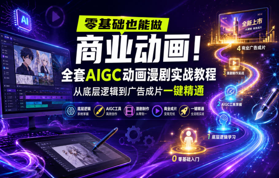 零基础也能做商业动画！全套AIGC动画漫剧实战教程，从底层逻辑到广告成片一键精通(更新0715)网络赚钱,项目资源网,副业资源网,兼职项目,网赚课程-副业赚钱-互联网创业-独家轻创IP大圣网创