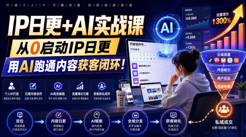 IP日更+AI实战课，从0启动IP日更，IP置顶视频制作+100条选题库搭建+10条日更规划，用AI跑通内容获客闭环!网络赚钱,项目资源网,副业资源网,兼职项目,网赚课程-副业赚钱-互联网创业-独家轻创IP大圣网创