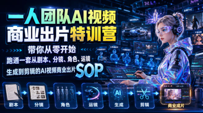 一人团队AI视频商业出片实战课：带你从零开始跑通一套从剧本、分镜、角色、运镜、生成到剪辑的AI视频商业出片SOP网络赚钱,项目资源网,副业资源网,兼职项目,网赚课程-副业赚钱-互联网创业-独家轻创IP大圣网创