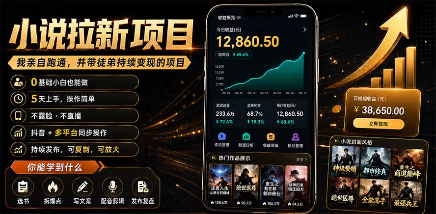 抖音及多平台小说拉新项目:我亲自跑通并持续带徒弟实操|0基础小白5天上手快速变现网络赚钱,项目资源网,副业资源网,兼职项目,网赚课程-副业赚钱-互联网创业-独家轻创IP大圣网创