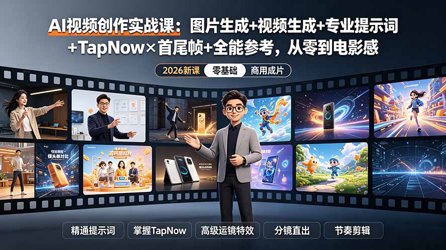 AI视频创作实战课：图片生成+视频生成+专业提示词+TapNow×首尾帧+全能参考，从零到电影感成片网络赚钱,项目资源网,副业资源网,兼职项目,网赚课程-副业赚钱-互联网创业-独家轻创IP大圣网创