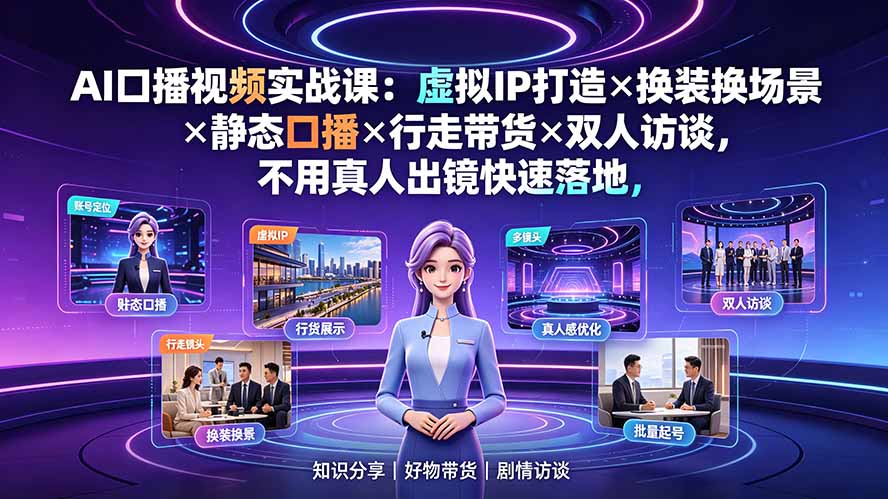 AI口播视频实战课：虚拟IP打造×换装换场景×静态口播×行走带货×双人访谈，不用真人出镜快速落地网络赚钱,项目资源网,副业资源网,兼职项目,网赚课程-副业赚钱-互联网创业-独家轻创IP大圣网创