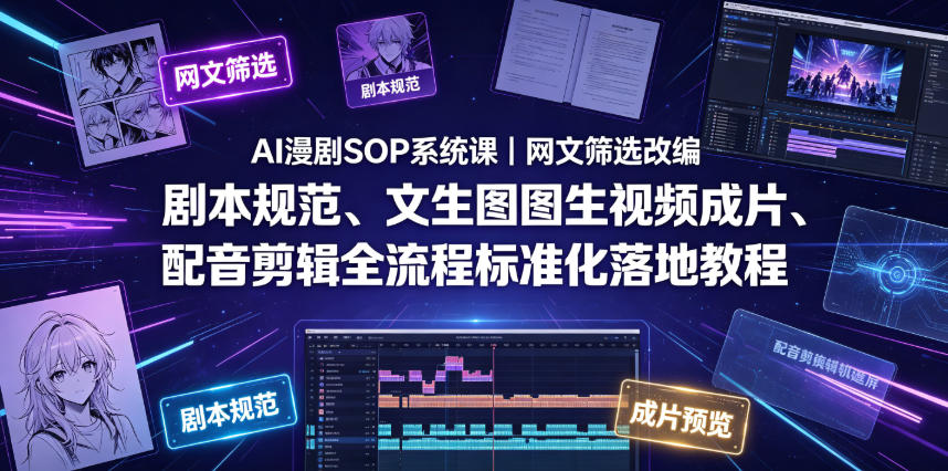 AI漫剧SOP系统课｜网文筛选改编、剧本规范、文生图图生视频成片、配音剪辑全流程标准化落地教程(更新)网络赚钱,项目资源网,副业资源网,兼职项目,网赚课程-副业赚钱-互联网创业-独家轻创IP大圣网创