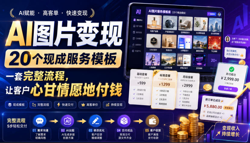 AI图片变现,20个现成服务模板,一套完整流程,让客户心甘情愿地付钱【原创双语字幕】网络赚钱,项目资源网,副业资源网,兼职项目,网赚课程-副业赚钱-互联网创业-独家轻创IP大圣网创