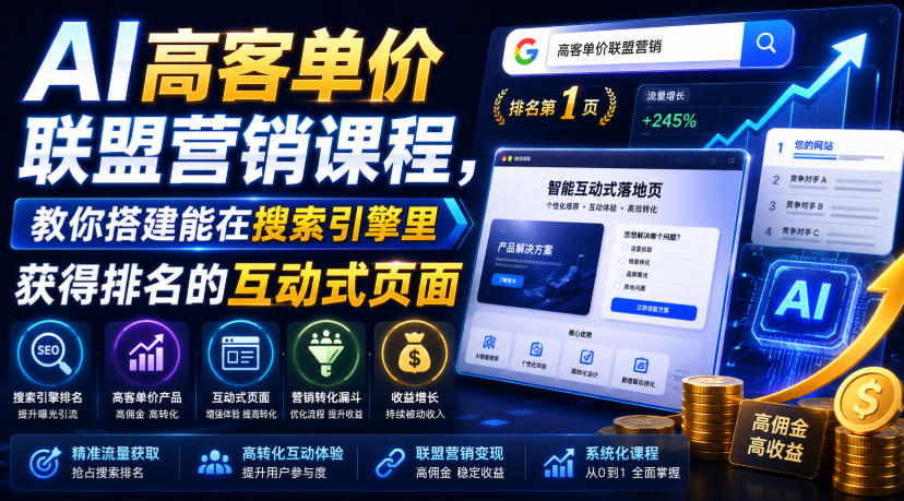 AI高客单价联盟营销课程,教你搭建能在搜索引擎里获得排名的互动式页面,引来流量,把访客转化为高佣金的成交【原创双语字幕】网络赚钱,项目资源网,副业资源网,兼职项目,网赚课程-副业赚钱-互联网创业-独家轻创IP大圣网创