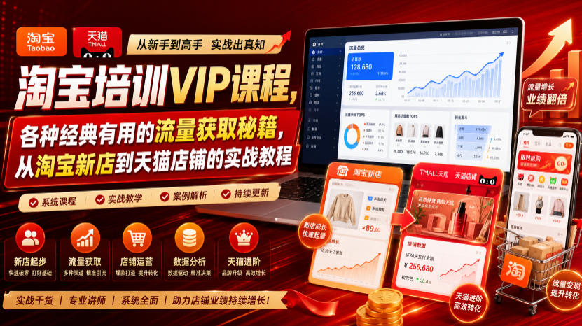 淘宝培训VIP课程，各种经典有用的流量获取秘籍，从淘宝新店到天猫店铺的实战教程(更新7月)网络赚钱,项目资源网,副业资源网,兼职项目,网赚课程-副业赚钱-互联网创业-独家轻创IP大圣网创