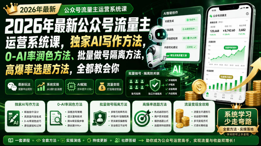 2026年最新公众号流量主运营系统课,独家AI写作方法,0-AI率润色方法、批量做号隔离方法、高爆率选题方法,全都教会你网络赚钱,项目资源网,副业资源网,兼职项目,网赚课程-副业赚钱-互联网创业-独家轻创IP大圣网创