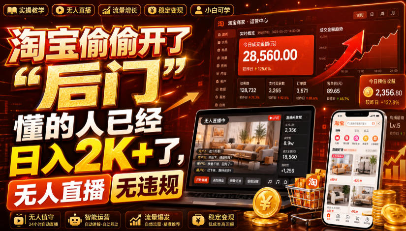 淘宝偷偷开了“后门”，懂的人已经日入2K+了，无人直播无违规，一台电脑=一家24小时营业的线上门店【揭秘】网络赚钱,项目资源网,副业资源网,兼职项目,网赚课程-副业赚钱-互联网创业-独家轻创IP大圣网创
