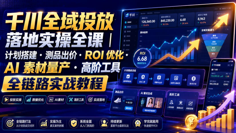 千川全域投放落地实操全课｜计划搭建・测品出价・ROI优化・AI素材量产・高阶工具全链路实战教程网络赚钱,项目资源网,副业资源网,兼职项目,网赚课程-副业赚钱-互联网创业-独家轻创IP大圣网创