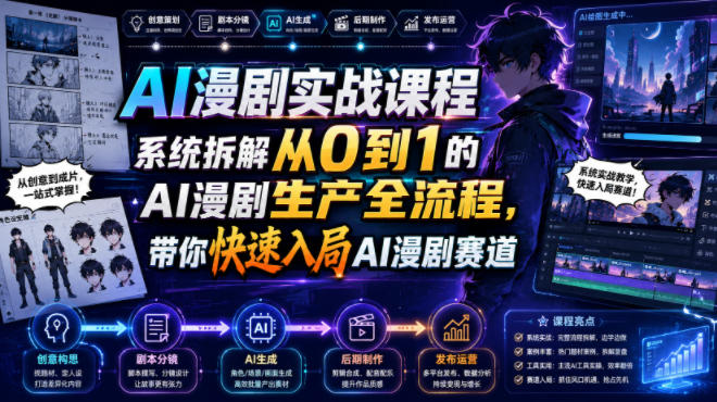 AI漫剧实战课程，系统拆解从0到1的AI漫剧生产全流程，带你快速入局AI漫剧赛道网络赚钱,项目资源网,副业资源网,兼职项目,网赚课程-副业赚钱-互联网创业-独家轻创IP大圣网创