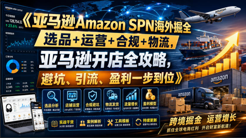 亚马逊Amazon SPN海外掘全，选品+运营+合规+物流，亚马逊开店全攻略，避坑、引流、盈利一步到位网络赚钱,项目资源网,副业资源网,兼职项目,网赚课程-副业赚钱-互联网创业-独家轻创IP大圣网创