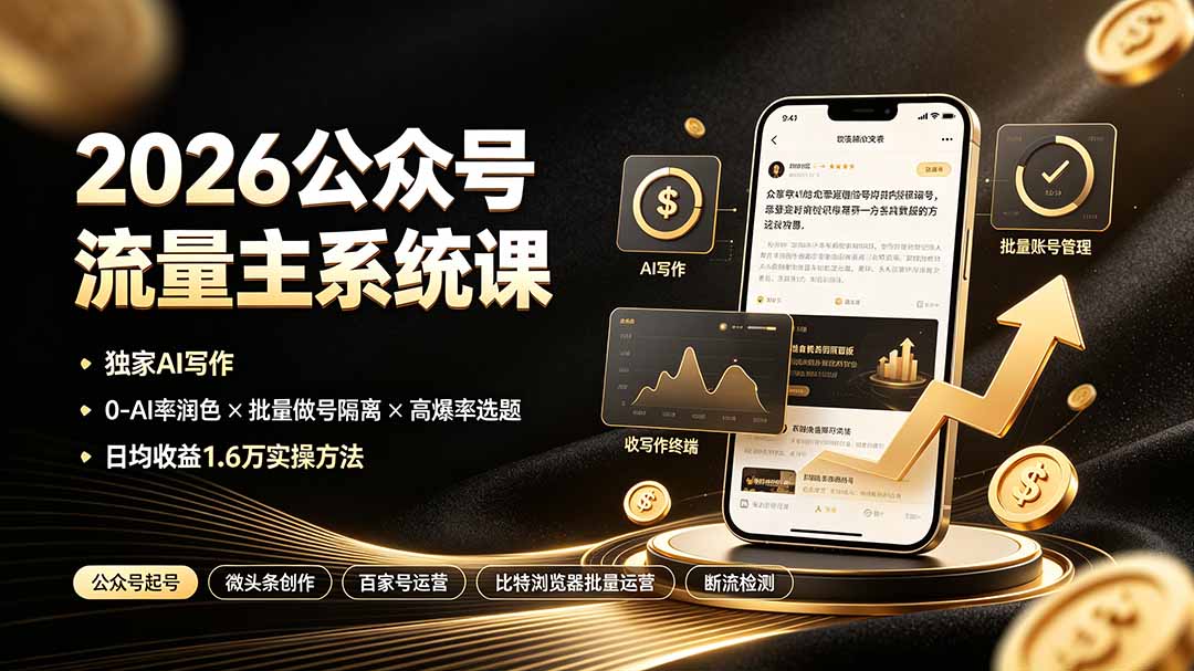 2026公众号流量主系统课:独家AI写作×0-AI率润色×批量做号隔离×高爆率选题,日均收益1.6万实操方法网络赚钱,项目资源网,副业资源网,兼职项目,网赚课程-副业赚钱-互联网创业-独家轻创IP大圣网创