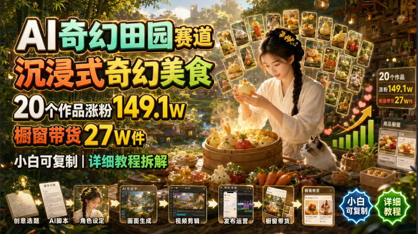 AI奇幻田园赛道，沉浸式奇幻美食，20个作品涨粉149.1W，橱窗带货27W件，小白可复制，详细教程拆解网络赚钱,项目资源网,副业资源网,兼职项目,网赚课程-副业赚钱-互联网创业-独家轻创IP大圣网创
