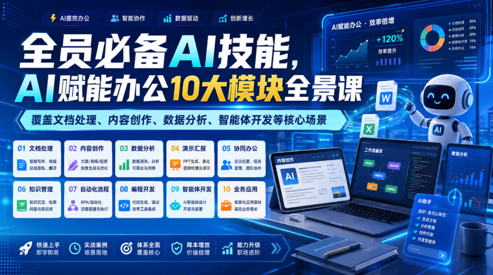 全员必备AI技能,AI赋能办公10大模块全景课,覆盖文档处理、内容创作、数据分析、智能体开发等核心场景网络赚钱,项目资源网,副业资源网,兼职项目,网赚课程-副业赚钱-互联网创业-独家轻创IP大圣网创