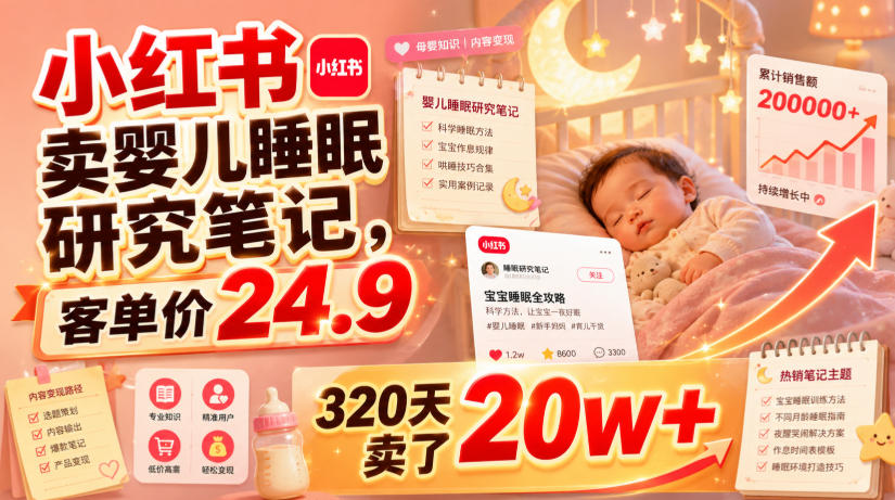 小红书卖婴儿睡眠研究笔记,客单价24.9,320天卖了20w+网络赚钱,项目资源网,副业资源网,兼职项目,网赚课程-副业赚钱-互联网创业-独家轻创IP大圣网创