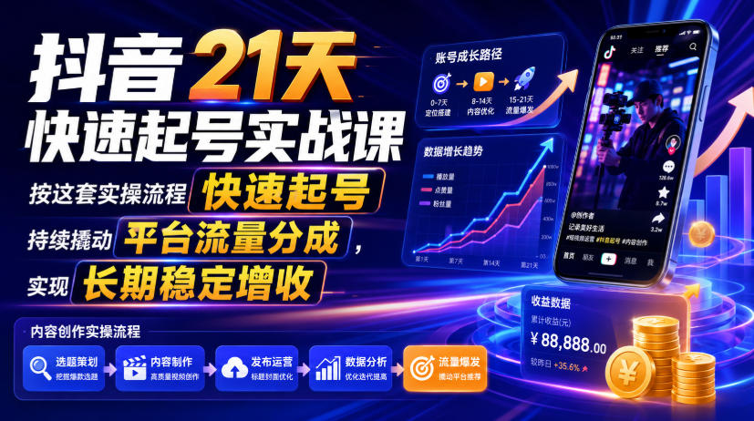 抖音21天快速起号实战课,按这套实操流程快速起号,持续撬动平台流量分成,实现长期稳定增收网络赚钱,项目资源网,副业资源网,兼职项目,网赚课程-副业赚钱-互联网创业-独家轻创IP大圣网创