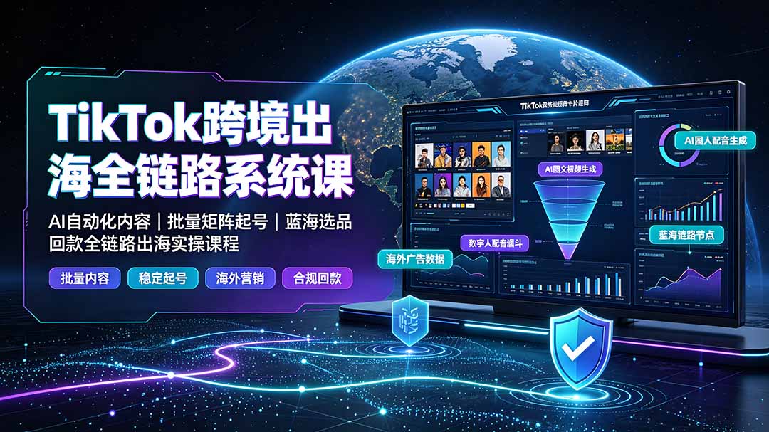 TikTok跨境出海全链路系统课-2026年7月:AI自动化内容|批量矩阵起号|蓝海选品回款全链路出海实操课程网络赚钱,项目资源网,副业资源网,兼职项目,网赚课程-副业赚钱-互联网创业-独家轻创IP大圣网创