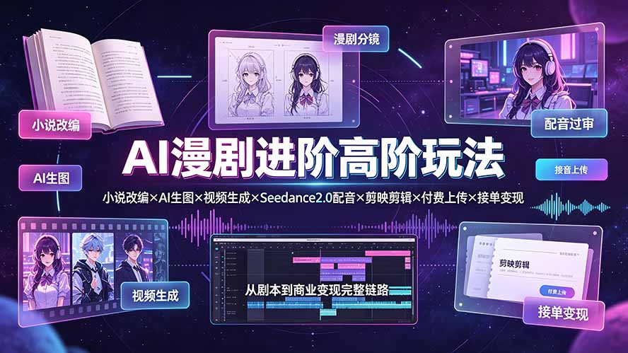 AI漫剧进阶高阶玩法:小说改编×AI生图×视频生成×Seedance2.0配音×剪映剪辑×付费上传×接单变现网络赚钱,项目资源网,副业资源网,兼职项目,网赚课程-副业赚钱-互联网创业-独家轻创IP大圣网创