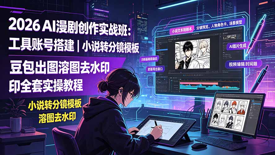 2026AI漫剧创作实战班:工具账号搭建|小说转分镜模板|豆包出图溶图去水印全套实操教程网络赚钱,项目资源网,副业资源网,兼职项目,网赚课程-副业赚钱-互联网创业-独家轻创IP大圣网创