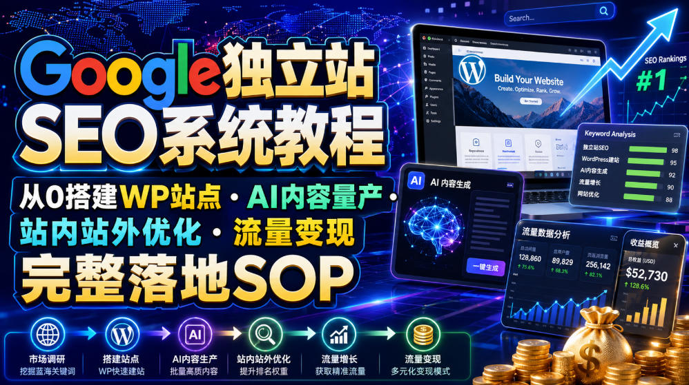 Google独立站SEO系统教程,从0搭建WP站点・AI内容量产・站内站外优化・流量变现完整落地SOP(2026年7月)网络赚钱,项目资源网,副业资源网,兼职项目,网赚课程-副业赚钱-互联网创业-独家轻创IP大圣网创