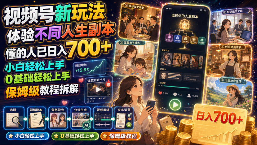 视频号新玩法体验不同人生副本,懂的人已日入700+,小白轻松上手,0基础轻松上手,保姆级教程拆解网络赚钱,项目资源网,副业资源网,兼职项目,网赚课程-副业赚钱-互联网创业-独家轻创IP大圣网创