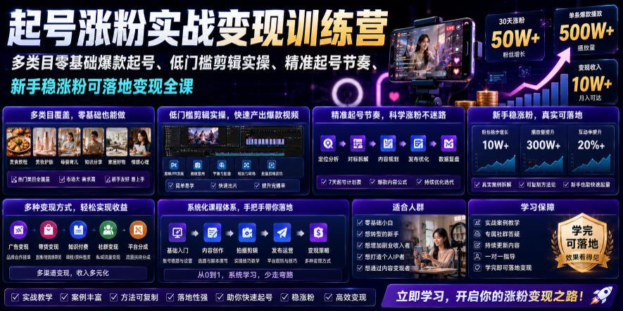 苗子起号涨粉实战变现训练营,多类目零基础爆款起号、精准起号节奏、新手稳涨粉可落地变现全课(更新0719)网络赚钱,项目资源网,副业资源网,兼职项目,网赚课程-副业赚钱-互联网创业-独家轻创IP大圣网创