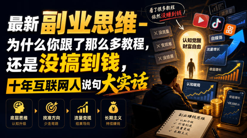 最新副业思维-为什么你跟了那么多教程,还是没搞到钱,十年互联网人说句大实话【揭秘】网络赚钱,项目资源网,副业资源网,兼职项目,网赚课程-副业赚钱-互联网创业-独家轻创IP大圣网创