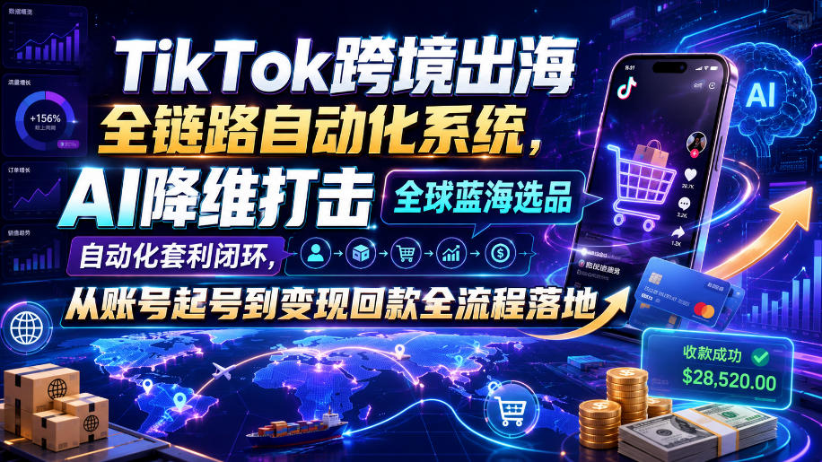 TikTok跨境出海全链路自动化系统,AI降维打击全球蓝海选品自动化套利闭环,从账号起号到变现回款全流程落地(2026年7月)网络赚钱,项目资源网,副业资源网,兼职项目,网赚课程-副业赚钱-互联网创业-独家轻创IP大圣网创