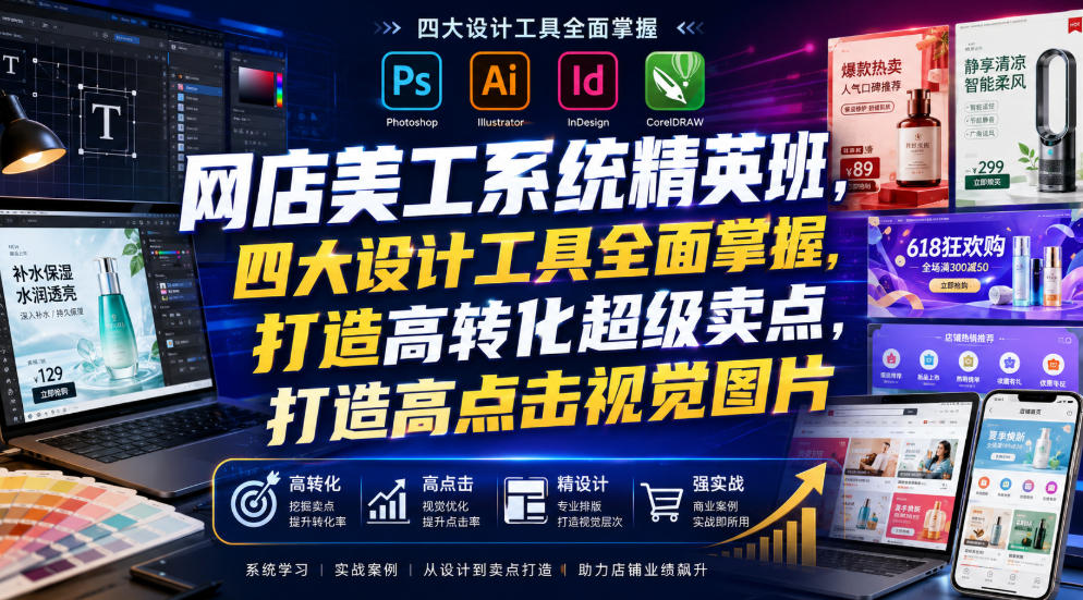 网店美工系统精英班,四大设计工具全面掌握,打造高转化超级卖点,打造高点击视觉图片(2026年7月)网络赚钱,项目资源网,副业资源网,兼职项目,网赚课程-副业赚钱-互联网创业-独家轻创IP大圣网创