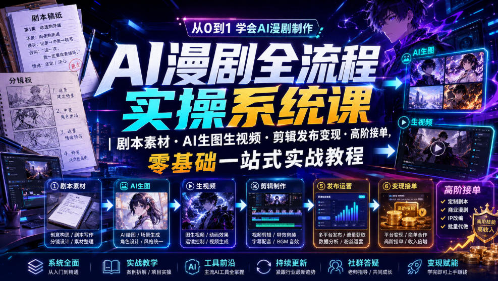 AI漫剧全流程实操系统课|剧本素材・AI生图生视频・剪辑发布变现・高阶接单,零基础一站式实战教程网络赚钱,项目资源网,副业资源网,兼职项目,网赚课程-副业赚钱-互联网创业-独家轻创IP大圣网创