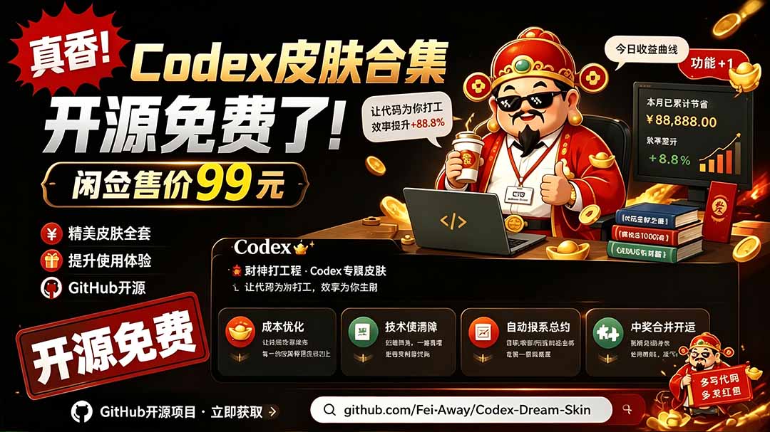 闲鱼售卖99元的Codex皮肤包,GitHub 免费开源了!让你的codex变成精美界面 Codex Dream Skin网络赚钱,项目资源网,副业资源网,兼职项目,网赚课程-副业赚钱-互联网创业-独家轻创IP大圣网创