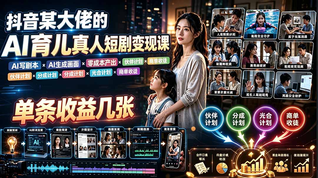 AI育儿真人短剧变现课:AI写剧本×AI生成画面×零成本产出×伙伴计划×分成计划×光合计划×商单收徒网络赚钱,项目资源网,副业资源网,兼职项目,网赚课程-副业赚钱-互联网创业-独家轻创IP大圣网创