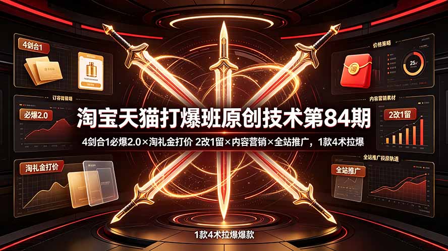 淘宝天猫打爆班原创技术第84期:4剑合1必爆2.0×淘礼金打价×2改1留×内容营销×全站推广,1款4术拉爆网络赚钱,项目资源网,副业资源网,兼职项目,网赚课程-副业赚钱-互联网创业-独家轻创IP大圣网创
