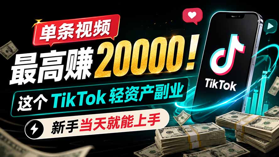 单条视频最高赚 20000!这个 TikTok 轻资产副业,新手当天就能上手网络赚钱,项目资源网,副业资源网,兼职项目,网赚课程-副业赚钱-互联网创业-独家轻创IP大圣网创