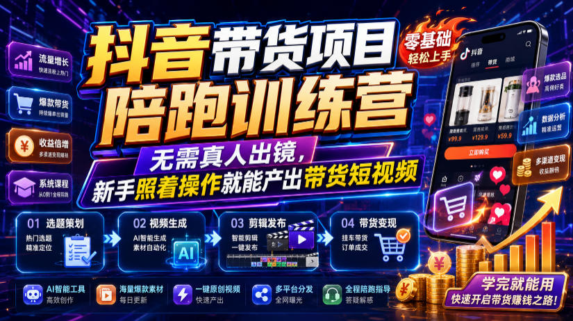 抖音带货项目陪跑训练营,无需真人出镜,新手照着操作就能产出带货短视频网络赚钱,项目资源网,副业资源网,兼职项目,网赚课程-副业赚钱-互联网创业-独家轻创IP大圣网创
