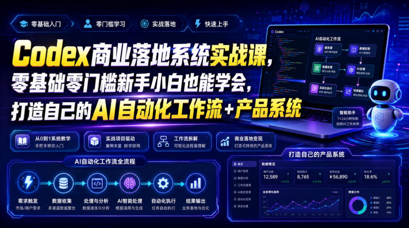 Codex商业落地系统实战课,零基础零门槛新手小白也能学会,打造自己的AI自动化工作流+产品系统网络赚钱,项目资源网,副业资源网,兼职项目,网赚课程-副业赚钱-互联网创业-独家轻创IP大圣网创
