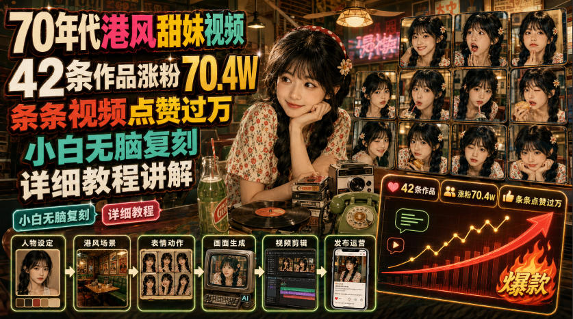 70年代港风甜妹视频,42条作品涨粉70.4W,条条视频点赞过万,小白无脑复刻,详细教程讲解网络赚钱,项目资源网,副业资源网,兼职项目,网赚课程-副业赚钱-互联网创业-独家轻创IP大圣网创