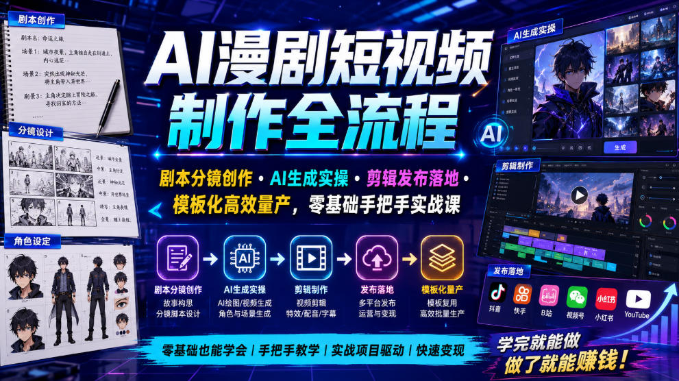 AI漫剧短视频制作全流程|剧本分镜创作・AI生成实操・剪辑发布落地・模板化高效量产,零基础手把手实战课网络赚钱,项目资源网,副业资源网,兼职项目,网赚课程-副业赚钱-互联网创业-独家轻创IP大圣网创